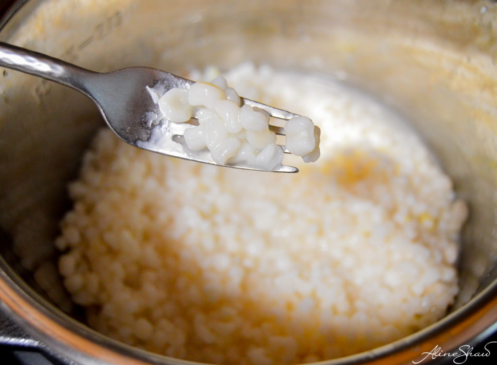 A fork lifts cooked hominy corn out of the pressure cooker