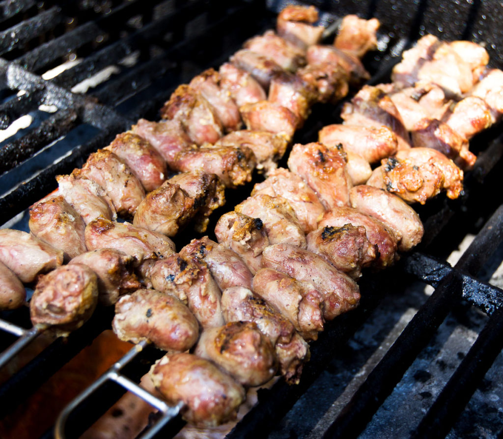 Grilled chicken hearts on a skewer