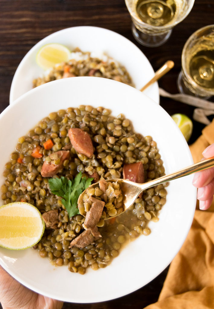 Lentil Stew with Sausage in a bowl
