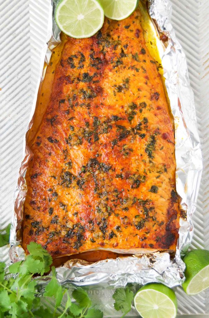 Baked Lime Salmon on a baking sheet