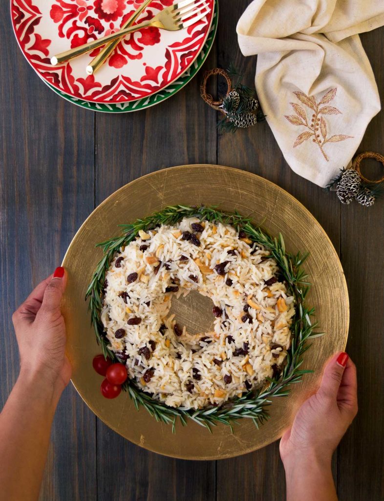 Festive Brazilian Christmas rice dish being served