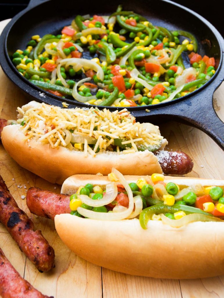 Street hot dogs loaded with tons of toppings 