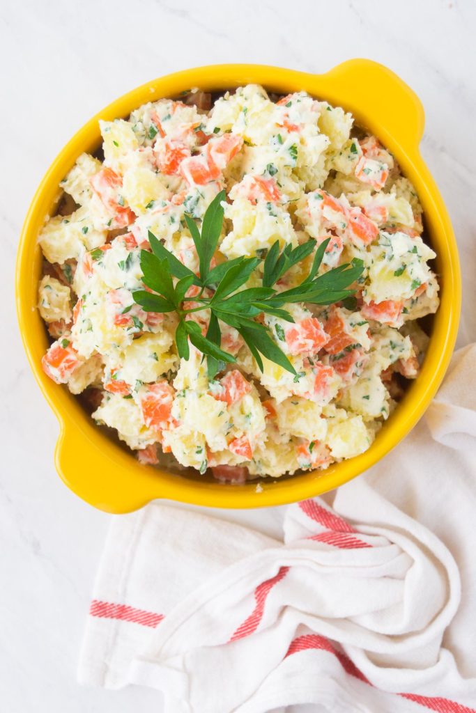 Brazilian Potato Salad garnished with parsley