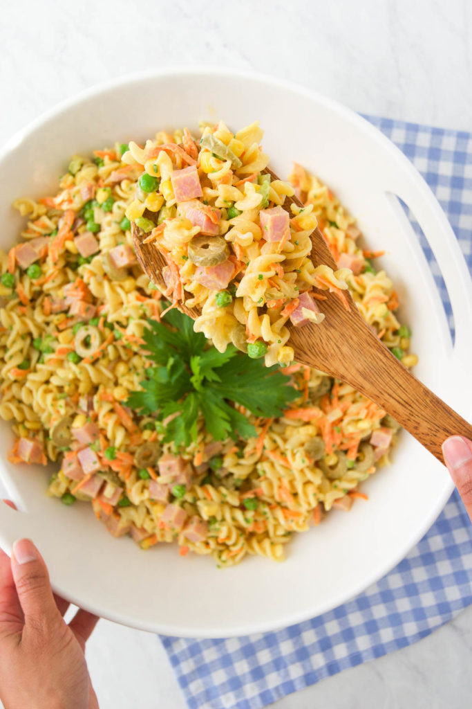 A spoonful of Brazilian Pasta Salad with Mayo