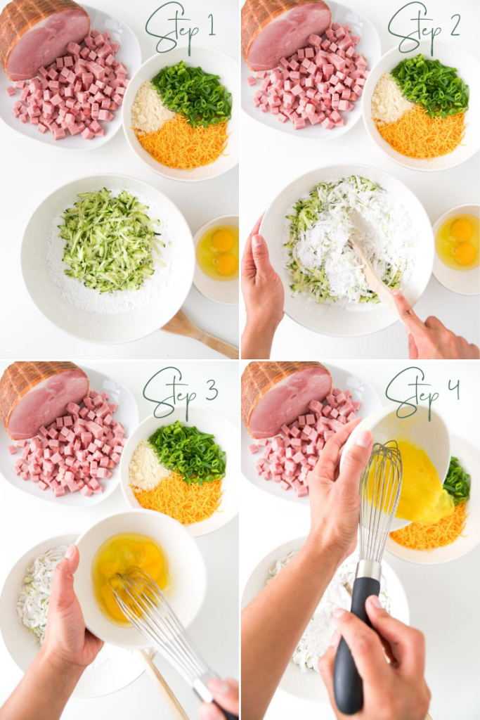A collage of four images showing zucchini and tapioca flour in a bowl, the two stirred together with a wooden spoon, a woman whisking eggs in another bowl and the woman pouring those whisked eggs on top of cheese and green onions