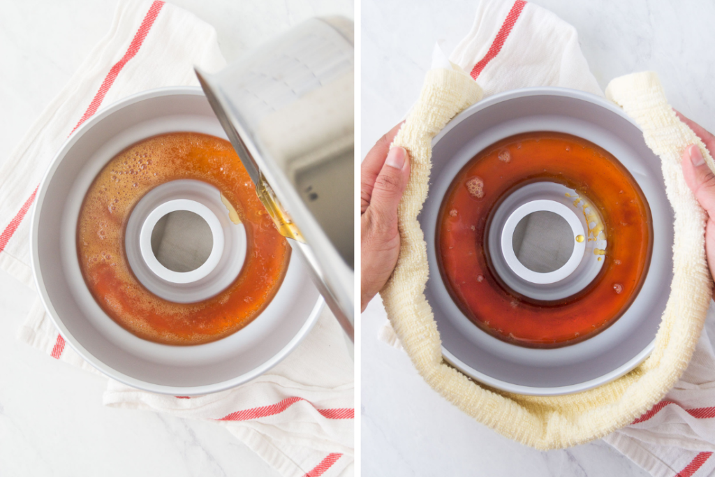 A collage of two images showing how to pour caramel into a bundt pan and how to swirl the caramel around the pan safely