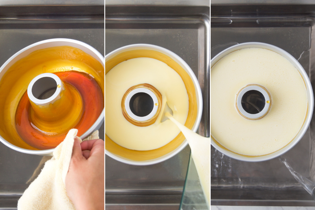 A collage of three images showing a bundt pan with caramel placed into a pan, custard poured on top of the caramel and the final Brazilian Flan in its roasting dish before baking