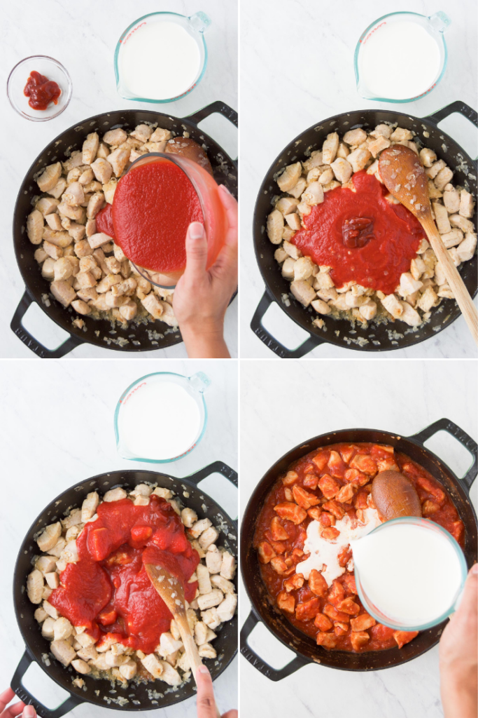 A collage of four images showing tomato sauce added to a skillet, the tomato products being stirred into chicken and heavy cream pouring into the same skillet after the tomato sauce