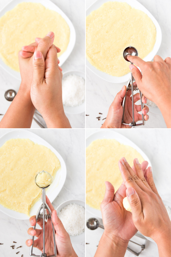A collage of four images showing how to form the coconut fudge balls in four steps with a cookie scoop and buttered hands