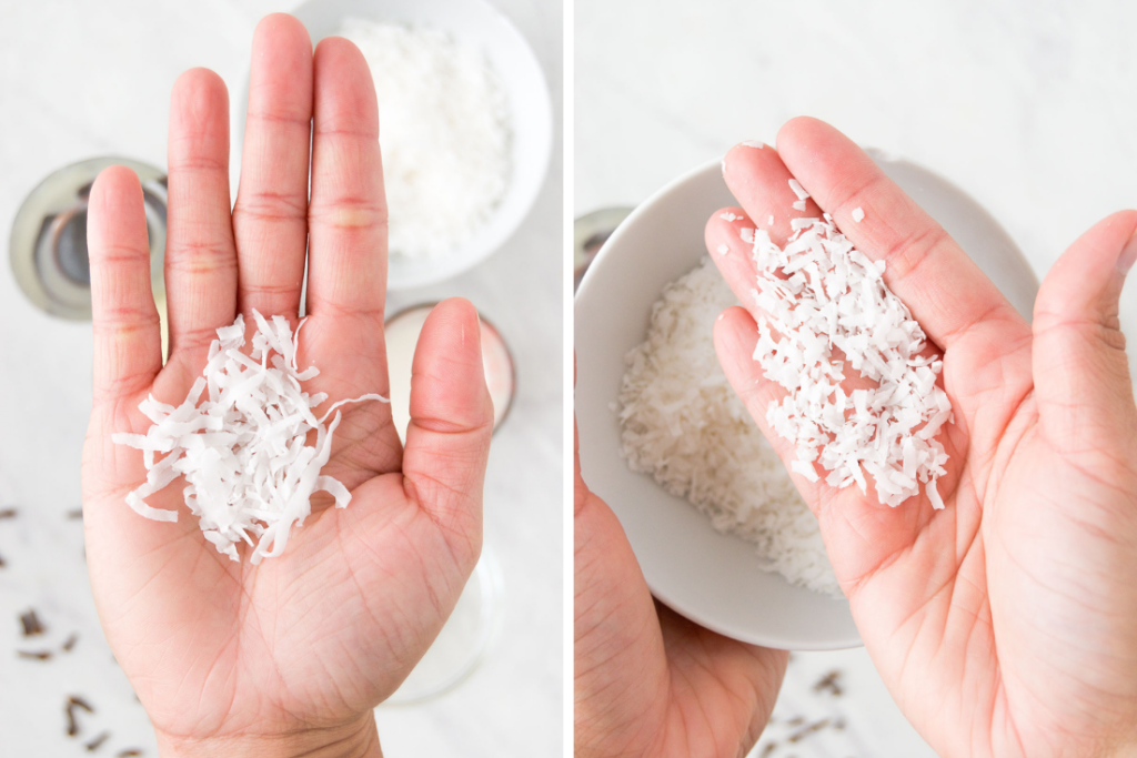 A collage of two images showing a woman holding long strands of shredded coconut on the lefthand image and the same woman holding finely shredded coconut in her hand on the right
