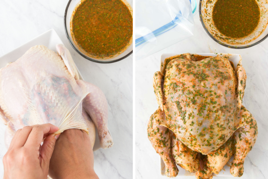 A collage of two images showing how to insert rotisserie chicken marinate beneath the skin of a raw chicken and the same chicken after the marinade was rubbed all over it
