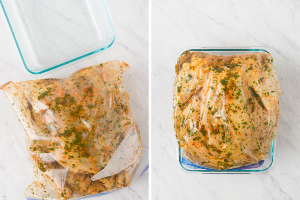 A collage of two images showing a whole chicken with Rotisserie Chicken Marinade in a bag and that same bag holding the chicken in a casserole dish before marinating in the refrigerator
