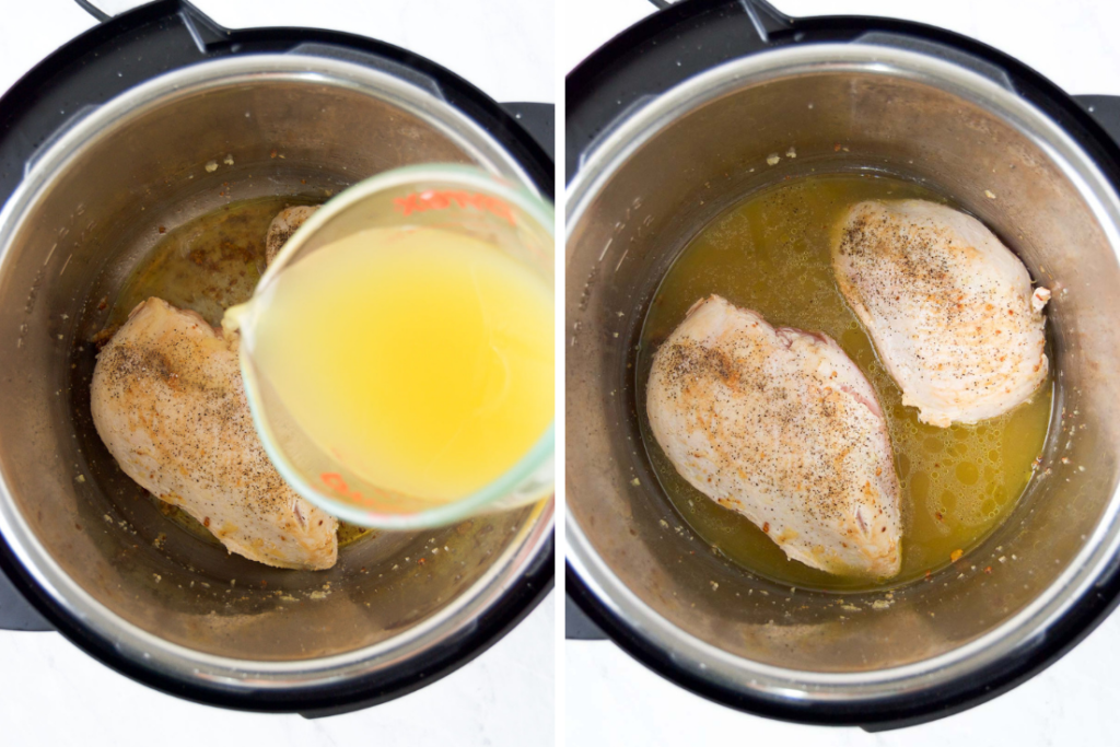 Collage of two images showing how to cook chicken breasts in the Instant Pot