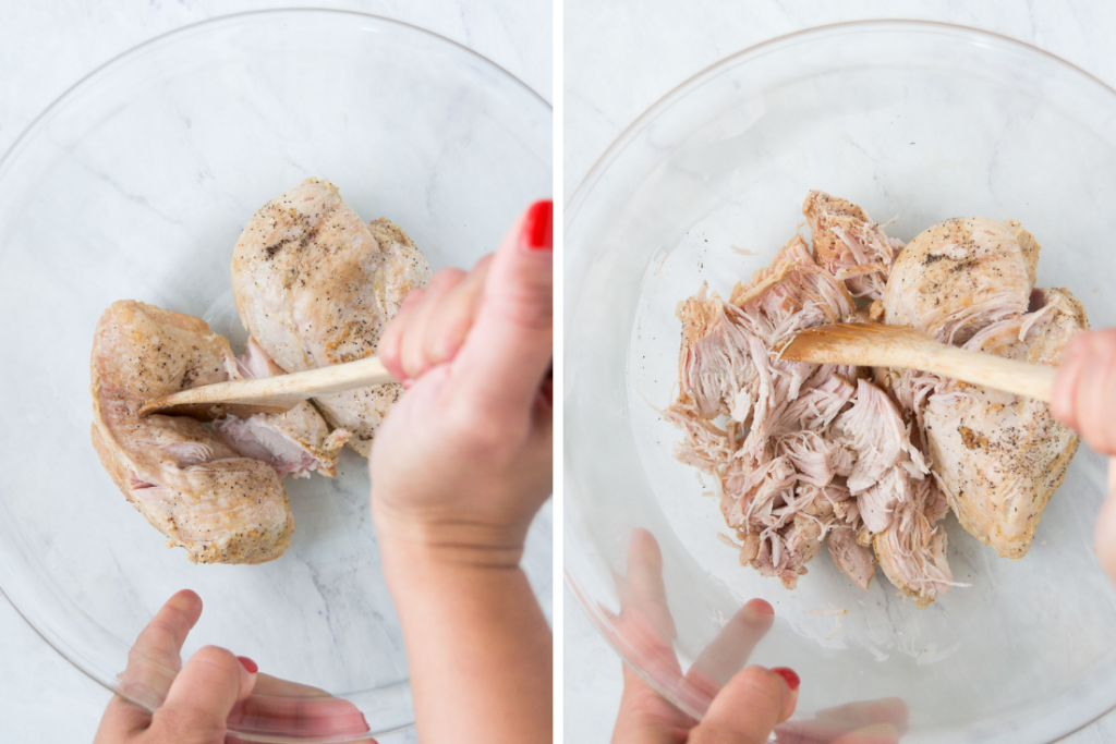 A collage of two images showing how to shred chicken breast in a bowl with a wooden spoon