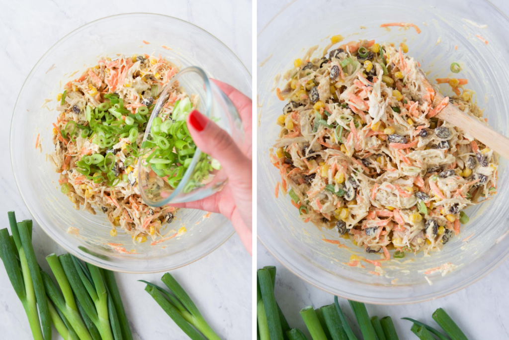Collage of two images showing green onions sprinkled into the salad, then the final tossed salad