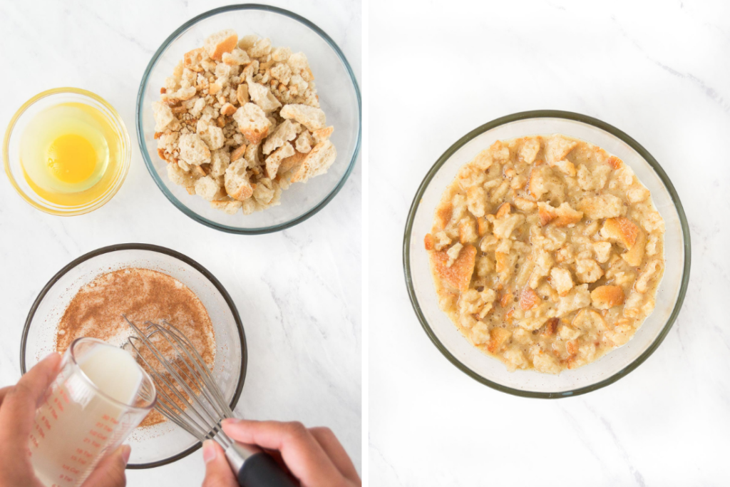 A collage of ingredients in bowls and bread crumbs soaking in liquid