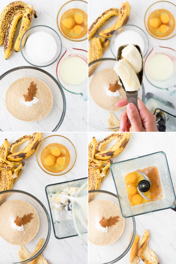 A collage of ingredients in bowls for making a banana bread cake - bolo de farinha de rosca com banana