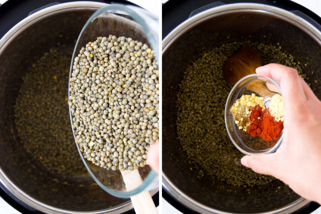 Collage of two images showing how to season green lentils in the Instant Pot