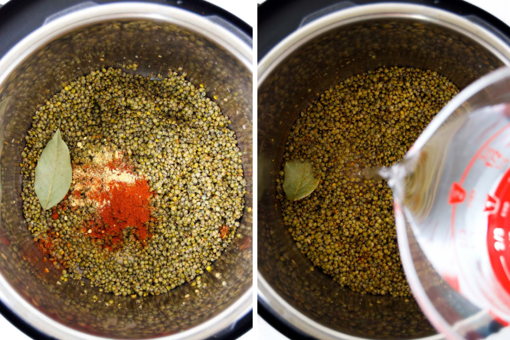 Collage showing spices with lentils and water pouring onto them