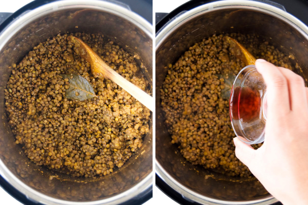 Collage of two images showing cooked lentils and vinegar pouring into them