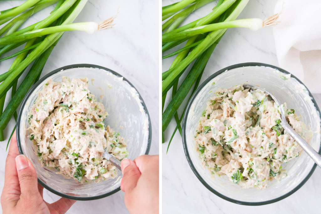 A collage showing how to stir tuna spread for crackers with a spoon