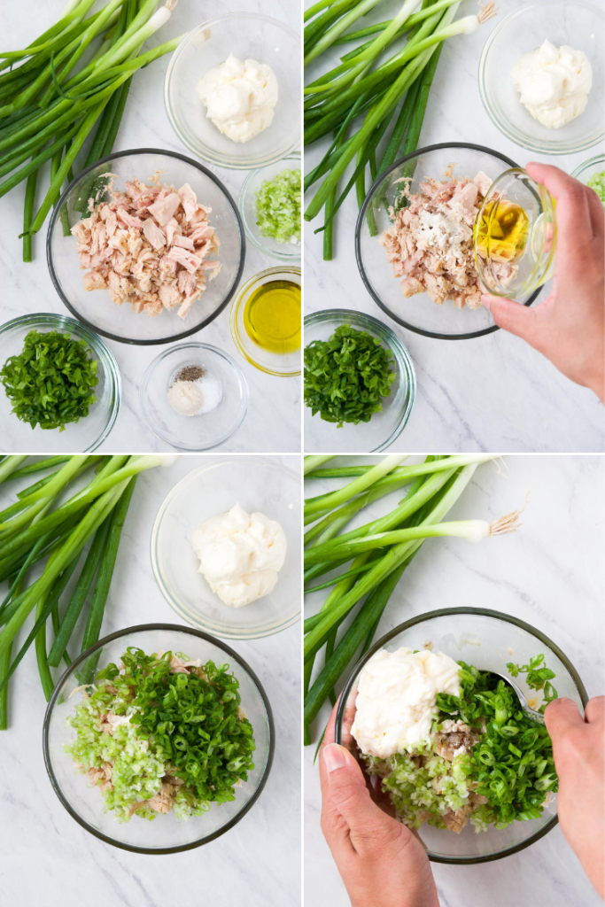 A collage showing how to mix tuna dip recipe in a bowl