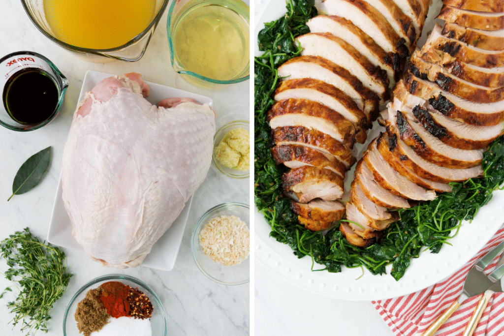 Collage showing grilled turkey breast ingredients and the final grilled meat
