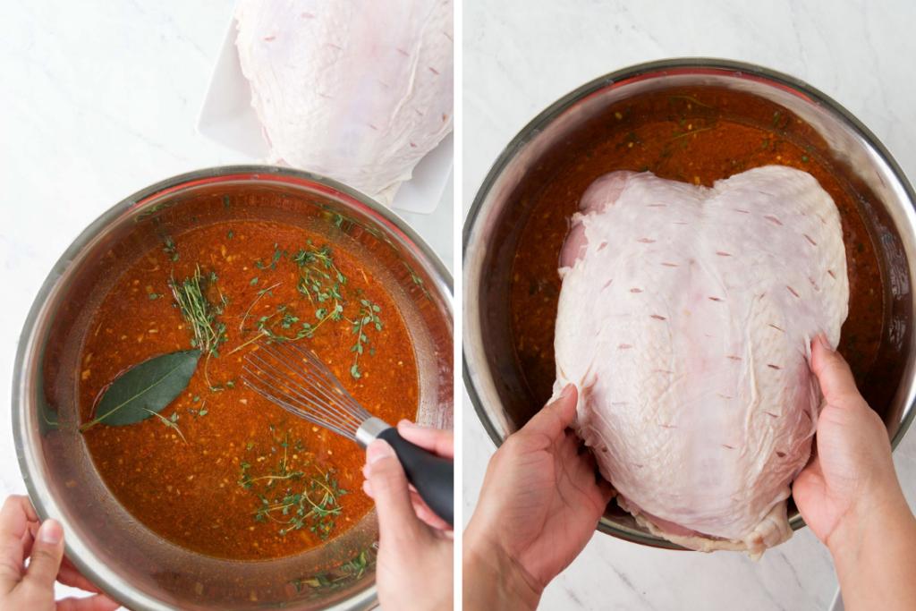 Collage showing marinade and how to insert turkey into it