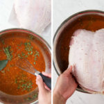Collage showing marinade and how to insert turkey into it