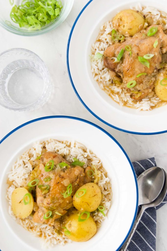 Two servings of One pot chicken stew in bowls
