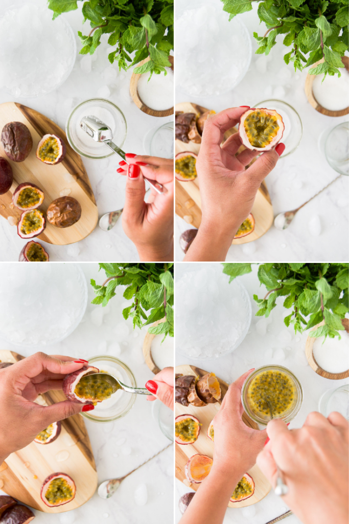 A collage showing how to scoop out passion fruit for a cocktail