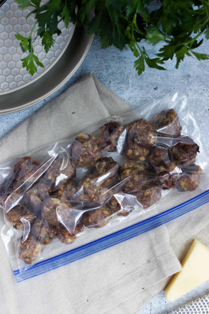 Cooked meatballs in a freezer bag