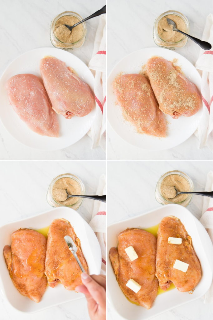 A collage showing how to season chicken breasts with a Brazilian Chicken Seasoning Recipe