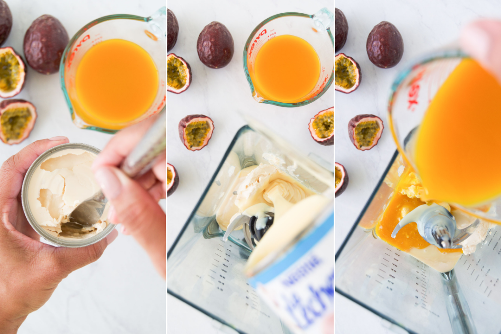 A collage showing how to whip easy passion fruit mousse