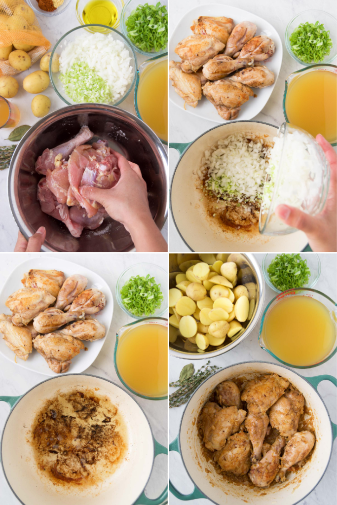 Collage showing how to sear chicken legs for chicken leg stew
