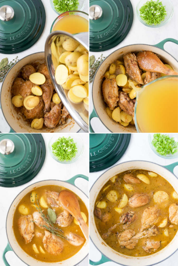 Collage showing how to bring chicken stew ingredients together in a pot