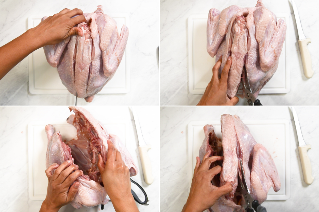 A collage showing how to remove a turkey's spine