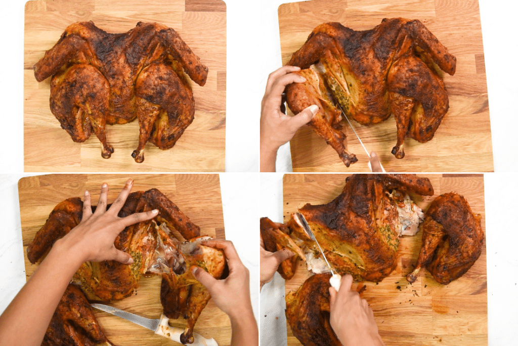 A collage showing how to slice off legs and wings of a spatchcock turkey