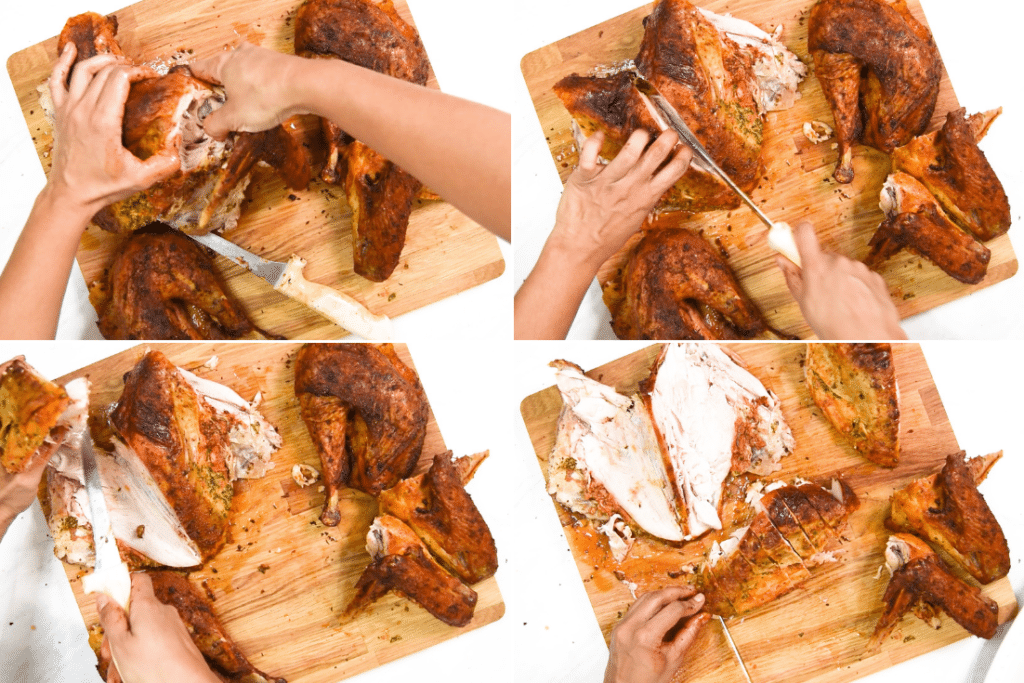 A collage showing how to remove breasts from a spatchcock turkey
