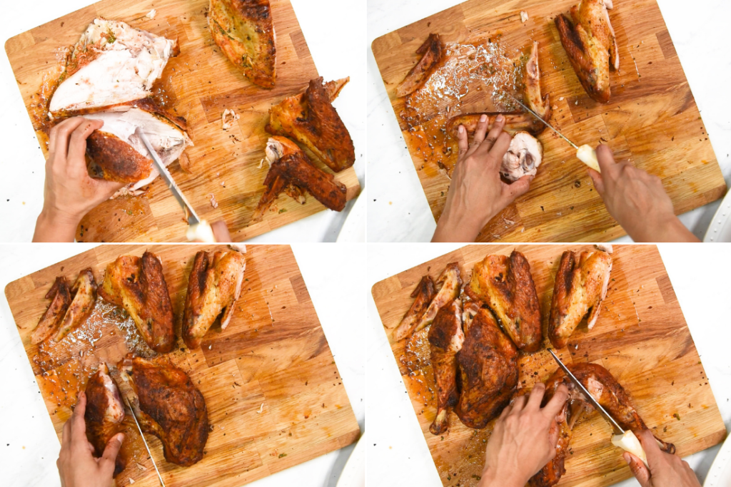 A collage showing how to carve a spatchcock turkey