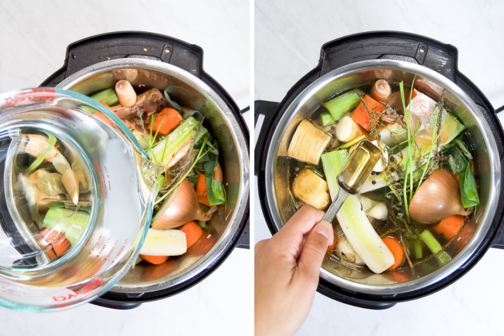 A collage showing how to pour in water to make stock in an Instant Pot