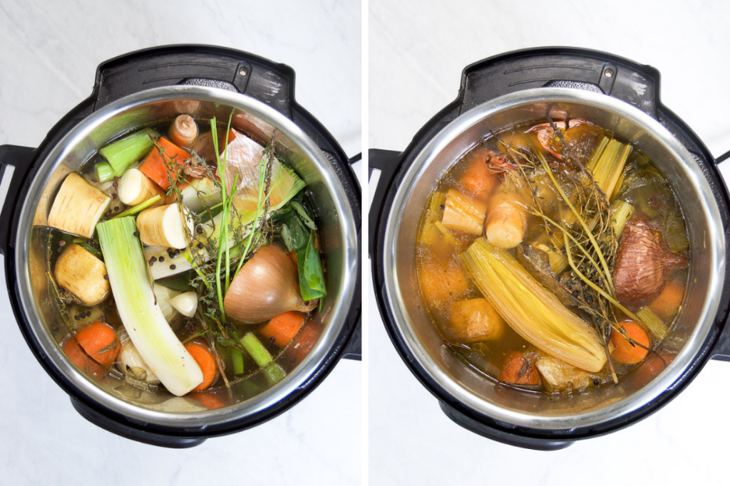 A collage showing before and after of turkey stock inside the Instant Pot