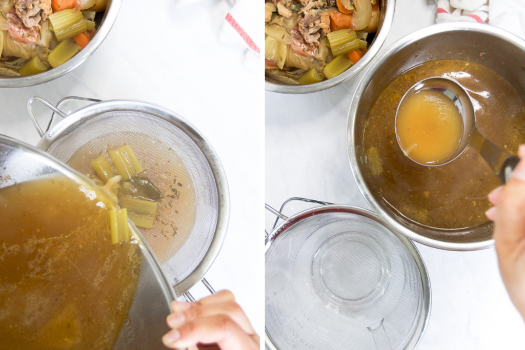 A collage showing how to strain and pour stock from the Instant Pot
