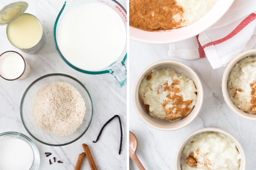 A collage showing rice pudding ingredients and three dishes of the final Brazilian dessert