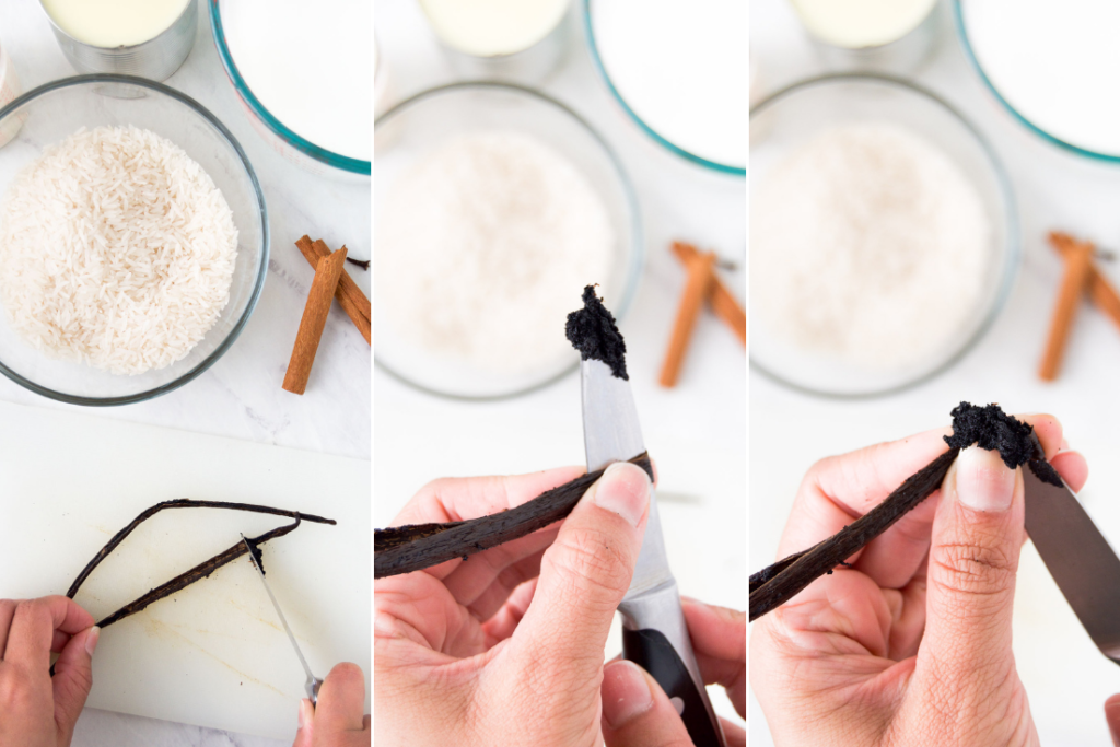 Collage showing how to get the most out of a whole vanilla bean and how to remove seeds with a knife