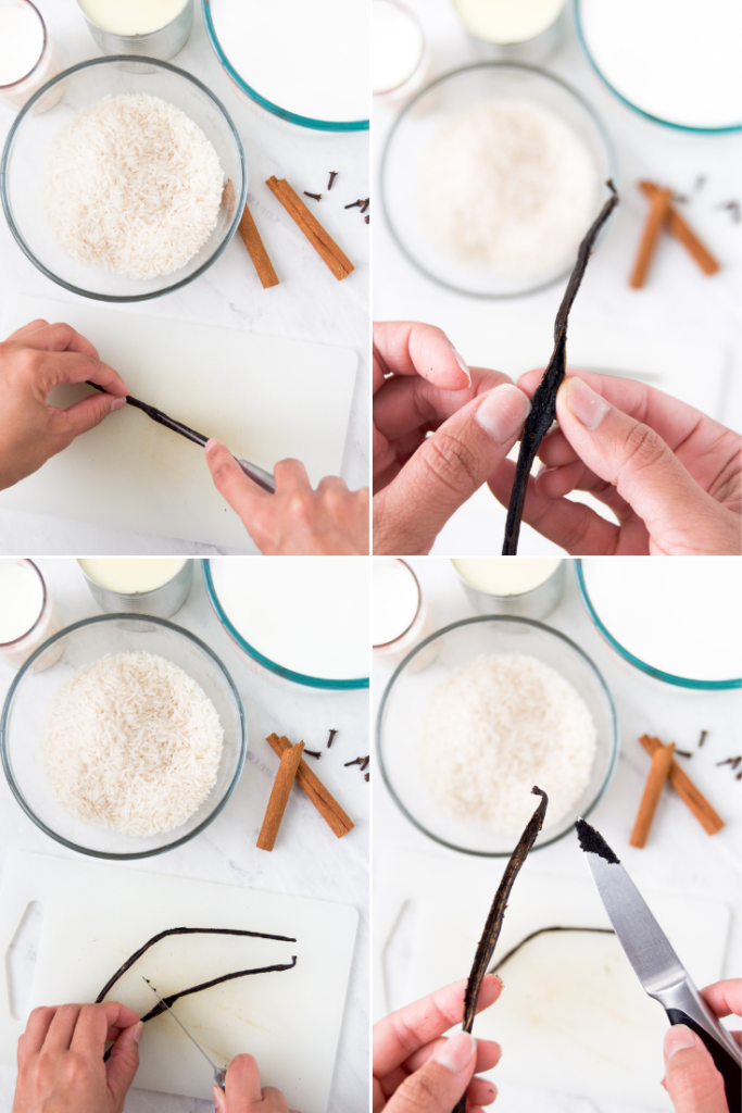 Collage showing how to remove vanilla beans from a vanilla bean pod