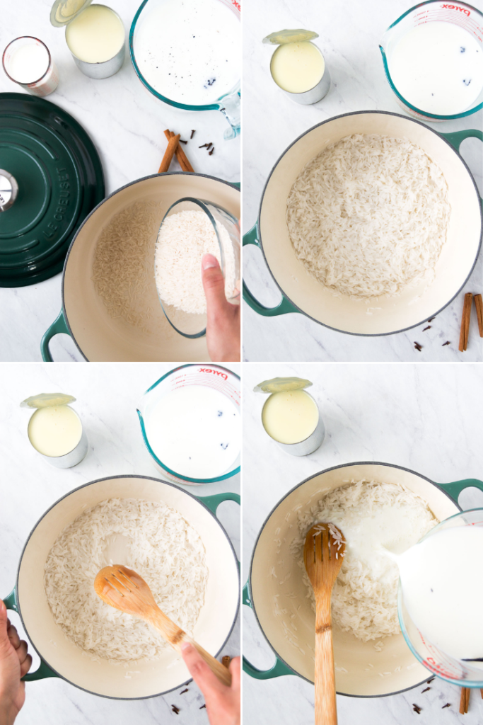 A collage showing how to cook the rice for Arroz Doce Cremoso