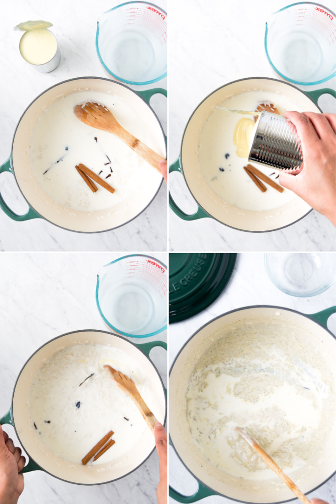 A collage showing how to add creaminess to  Rice Pudding with Condensed Milk