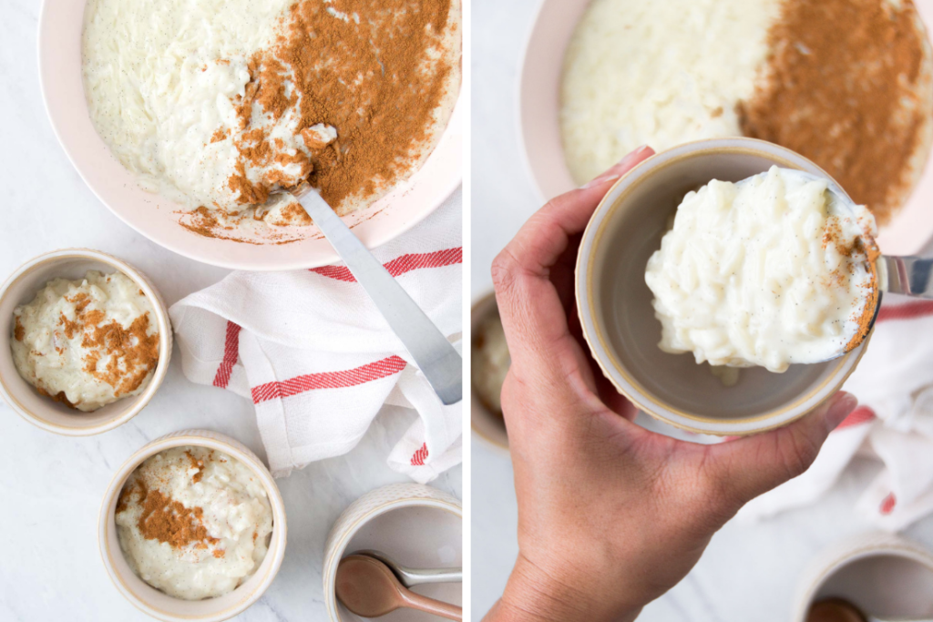 A collage showing bowls of Brazilian Rice Pudding and how to scoop it into a serving dish