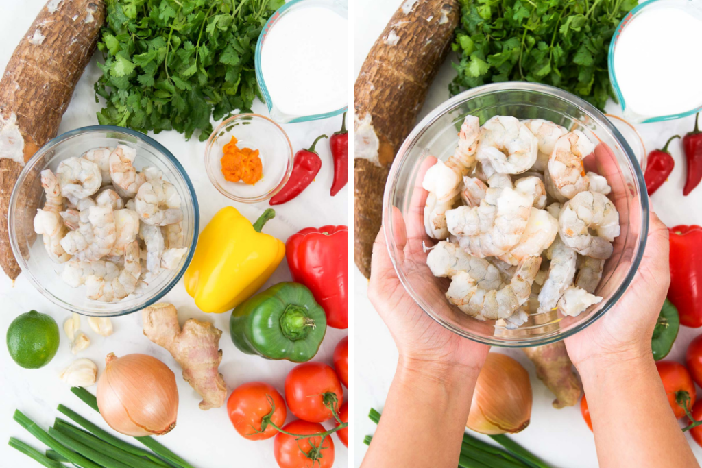 Collage showing ingredients for Bobo de camarao recipe and a bowl of shrimp